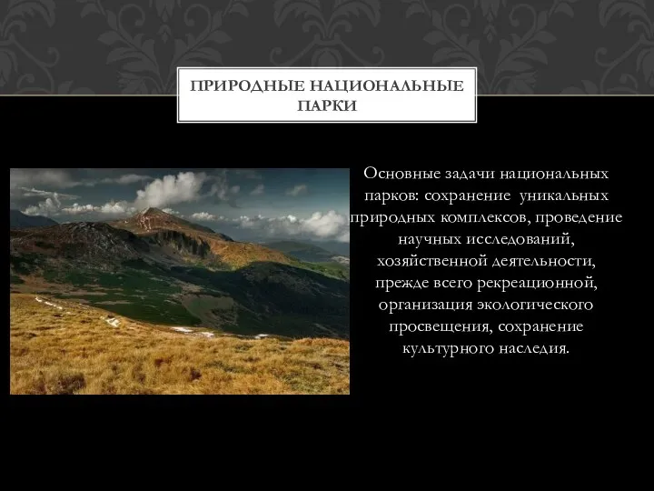 Основные задачи национальных парков: сохранение уникальных природных комплексов, проведение научных исследований,