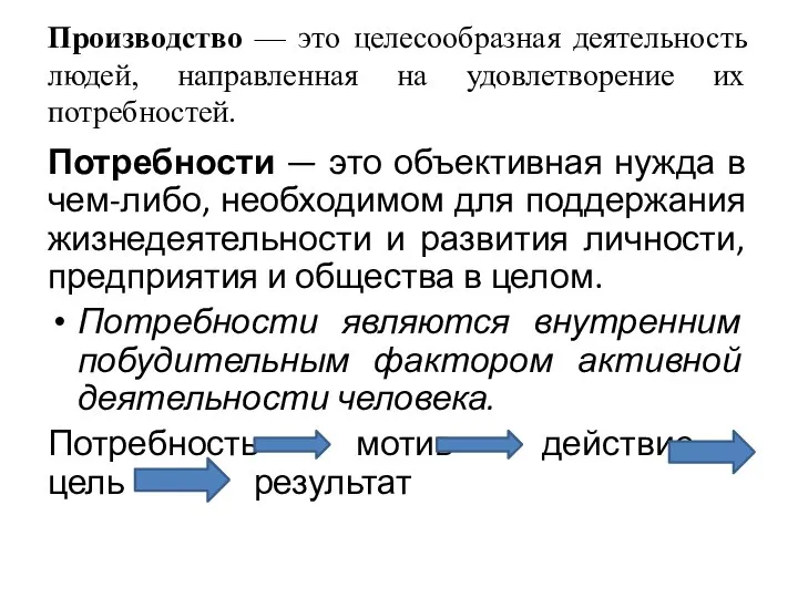 Производство — это целесообразная деятельность людей, направленная на удовлетворение их потребностей.