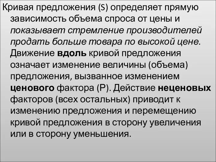 Кривая предложения (S) определяет прямую зависимость объема спроса от цены и