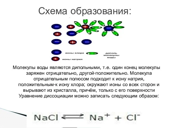 Молекулы воды являются дипольными, т.е. один конец молекулы заряжен отрицательно, другой-положительно.