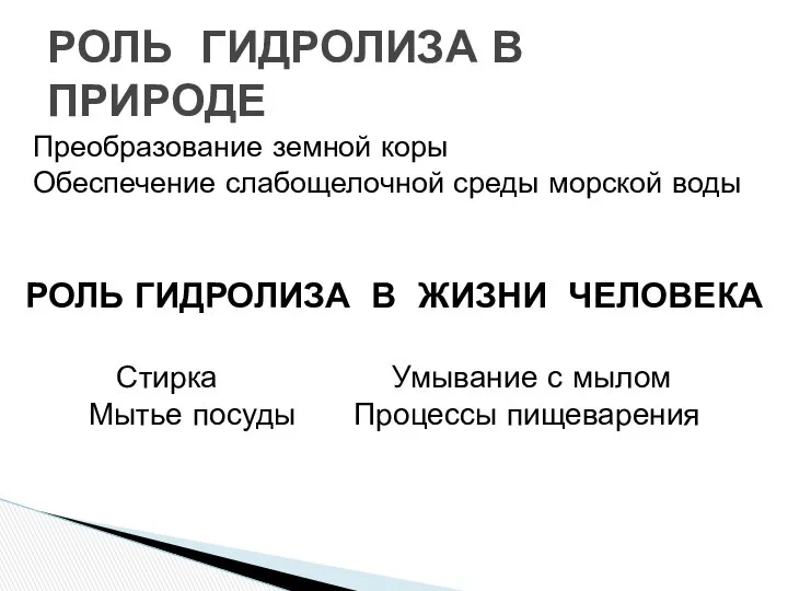 Преобразование земной коры Обеспечение слабощелочной среды морской воды РОЛЬ ГИДРОЛИЗА В