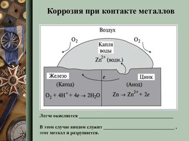 Легче окисляется ________________________________________ В этом случае анодом служит ______________________________ , этот