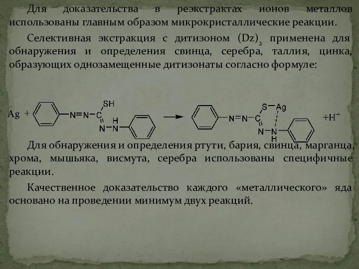 Для доказательства в реэкстрактах ионов металлов использованы главным образом микрокристаллические реакции.