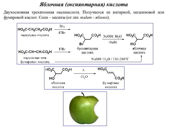 Яблочная (оксиянтарная) кислота Двухосновная трехатомная оксикислота. Получается из янтарной, малеиновой или