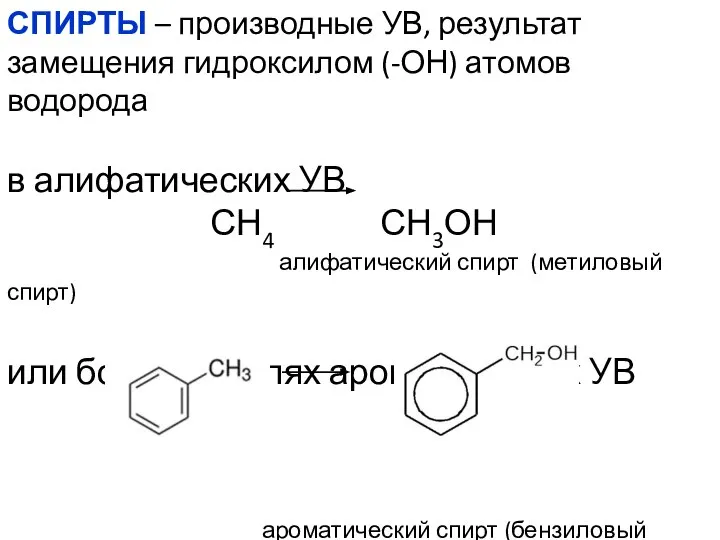 СПИРТЫ – производные УВ, результат замещения гидроксилом (-ОН) атомов водорода в