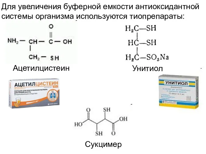 Для увеличения буферной емкости антиоксидантной системы организма используются тиопрепараты: Сукцимер Унитиол Ацетилцистеин