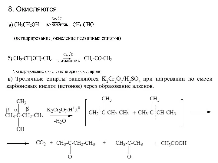 в) Третичные спирты окисляются K2Cr2O7/H2SO4 при нагревании до смеси карбоновых кислот