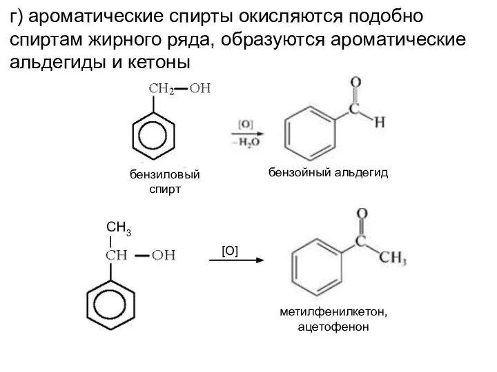 г) ароматические спирты окисляются подобно спиртам жирного ряда, образуются ароматические альдегиды