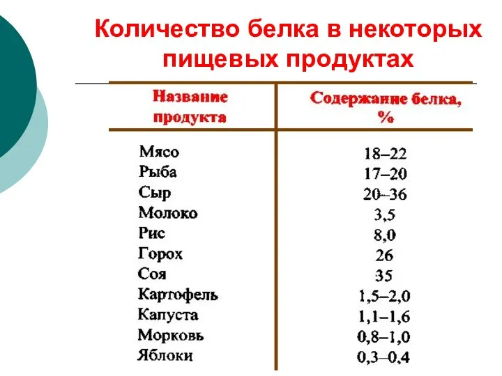 Количество белка в некоторых пищевых продуктах