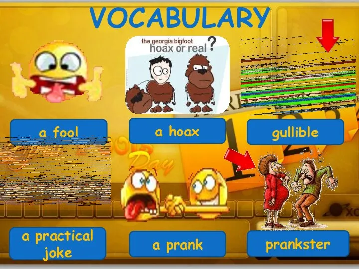 VOCABULARY a fool a hoax gullible a practical joke a prank prankster