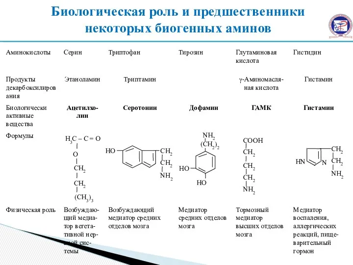 Биологическая роль и предшественники некоторых биогенных аминов НO НO (СН2)2 NН2