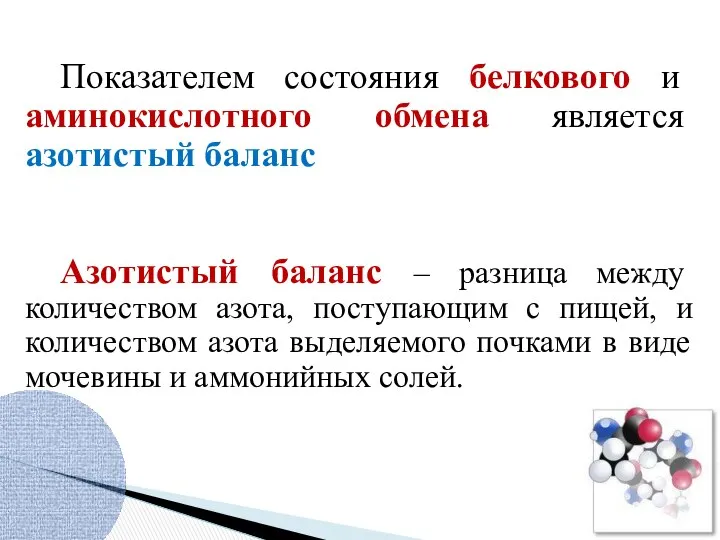 Показателем состояния белкового и аминокислотного обмена является азотистый баланс Азотистый баланс