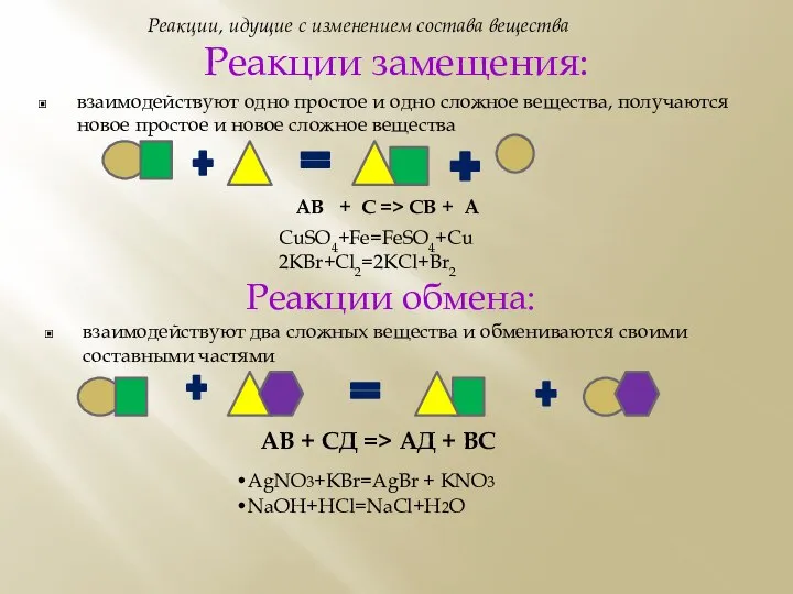 Реакции замещения: АВ + С => СВ + А взаимодействуют одно