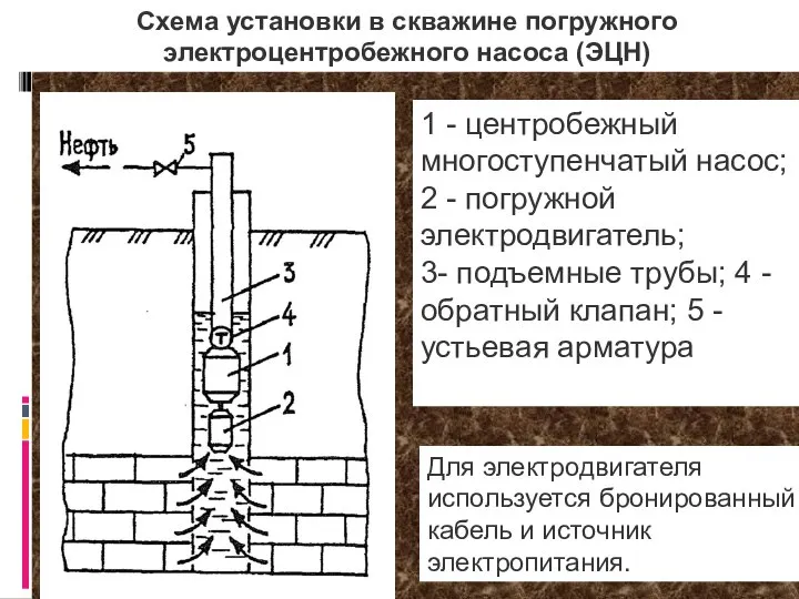 1 - центробежный многоступенчатый насос; 2 - погружной электродвигатель; 3- подъемные