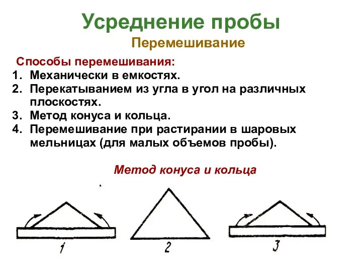 Усреднение пробы Перемешивание Способы перемешивания: Механически в емкостях. Перекатыванием из угла