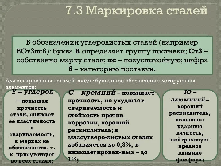 7.3 Маркировка сталей В обозначении углеродистых сталей (например ВСт3пс6): буква В