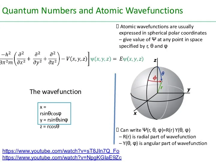 The wavefunction Atomic wavefunctions are usually expressed in spherical polar coordinates