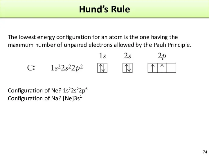 Hund’s Rule The lowest energy configuration for an atom is the