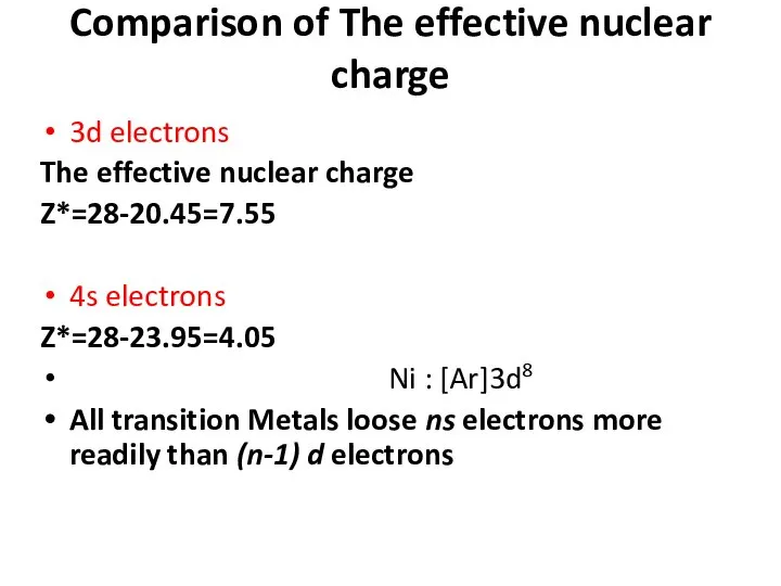 Comparison of The effective nuclear charge 3d electrons The effective nuclear