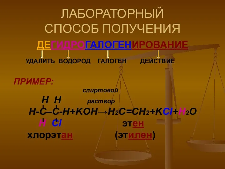 ЛАБОРАТОРНЫЙ СПОСОБ ПОЛУЧЕНИЯ ДЕГИДРОГАЛОГЕНИРОВАНИЕ УДАЛИТЬ ВОДОРОД ГАЛОГЕН ДЕЙСТВИЕ ПРИМЕР: спиртовой H