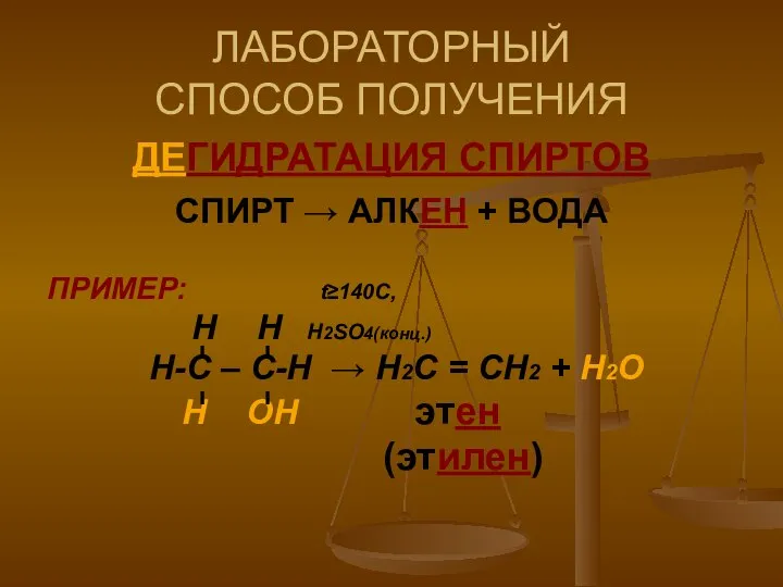 ЛАБОРАТОРНЫЙ СПОСОБ ПОЛУЧЕНИЯ ДЕГИДРАТАЦИЯ СПИРТОВ СПИРТ → АЛКЕН + ВОДА ПРИМЕР: