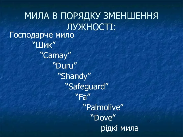 МИЛА В ПОРЯДКУ ЗМЕНШЕННЯ ЛУЖНОСТІ: Господарче мило “Шик” “Camay” “Duru” “Shandy”