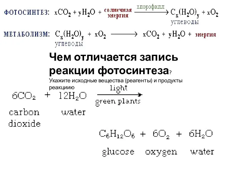 Чем отличается запись реакции фотосинтеза? Укажите исходные вещества (реагенты) и продукты реакциию