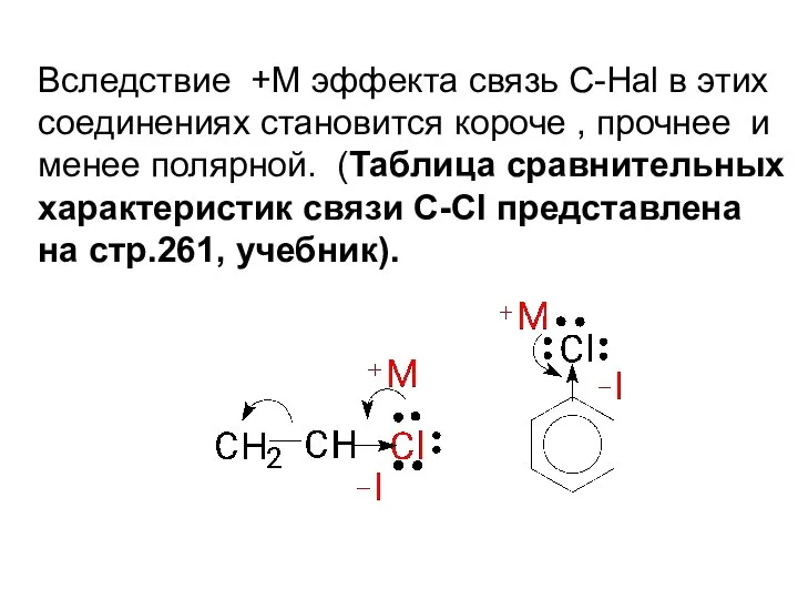 Вследствие +М эффекта связь С-Hal в этих соединениях становится короче ,