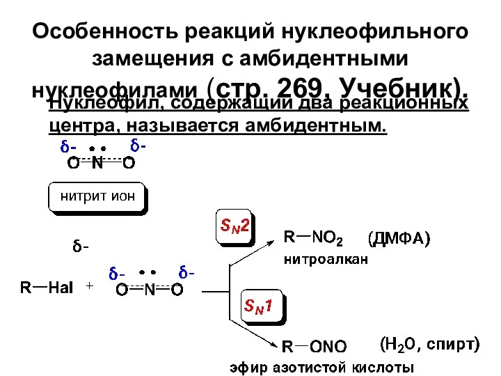 Особенность реакций нуклеофильного замещения с амбидентными нуклеофилами (стр. 269, Учебник). Нуклеофил,