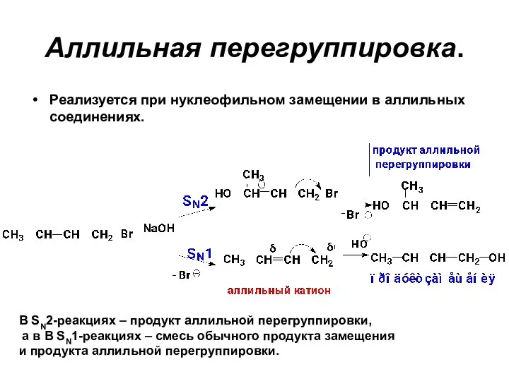 Аллильная перегруппировка. Реализуется при нуклеофильном замещении в аллильных соединениях. В SN2-реакциях