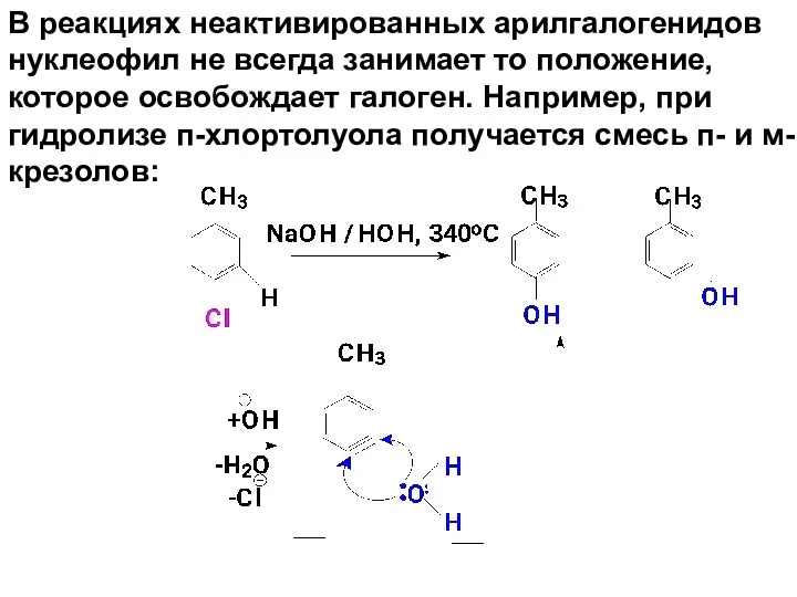 В реакциях неактивированных арилгалогенидов нуклеофил не всегда занимает то положение, которое