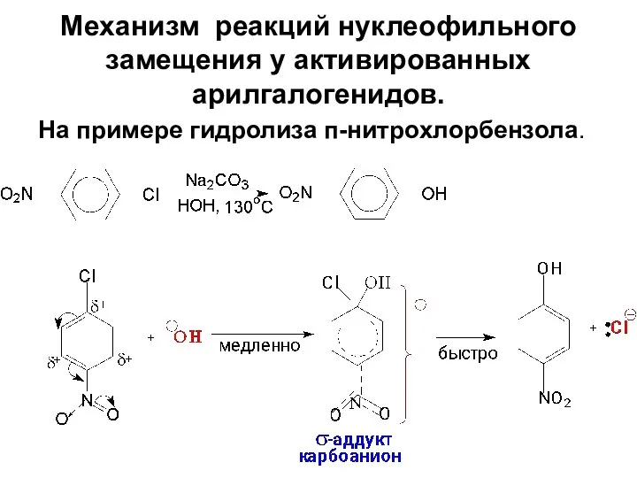 Механизм реакций нуклеофильного замещения у активированных арилгалогенидов. На примере гидролиза п-нитрохлорбензола.