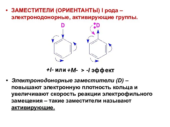 ЗАМЕСТИТЕЛИ (ОРИЕНТАНТЫ) I рода – электронодонорные, активирующие группы. Электронодонорные заместители (D)