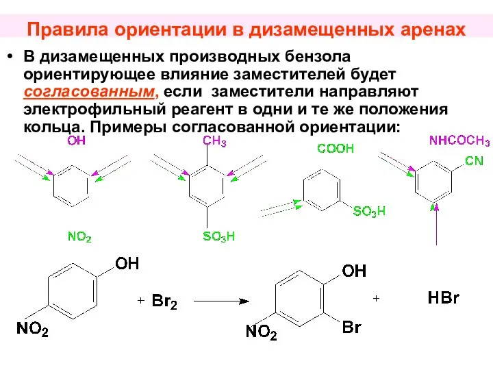 Правила ориентации в дизамещенных аренах В дизамещенных производных бензола ориентирующее влияние