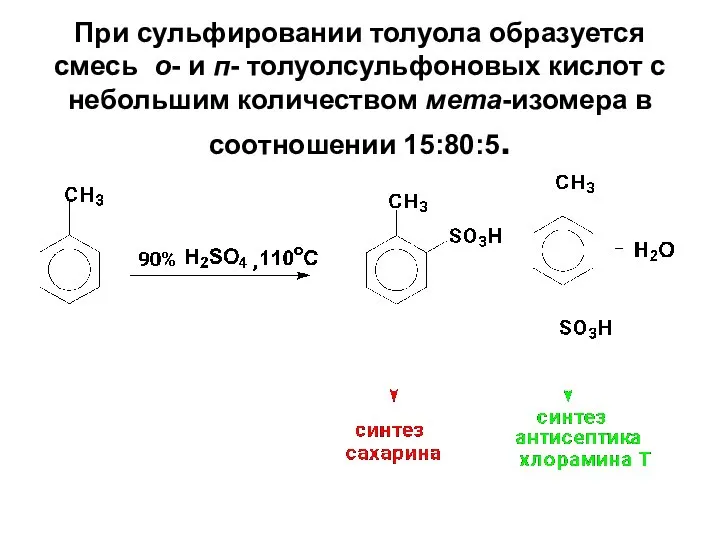 При сульфировании толуола образуется смесь о- и п- толуолсульфоновых кислот с