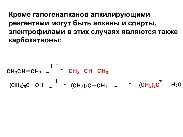 Кроме галогеналканов алкилирующими реагентами могут быть алкены и спирты, электрофилами в этих случаях являются также карбокатионы: