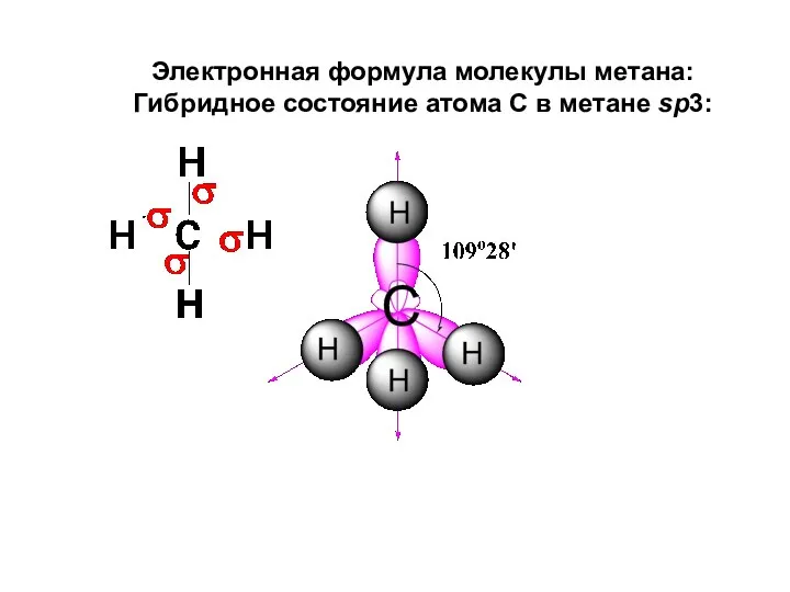 Электронная формула молекулы метана: Гибридное состояние атома С в метане sp3: