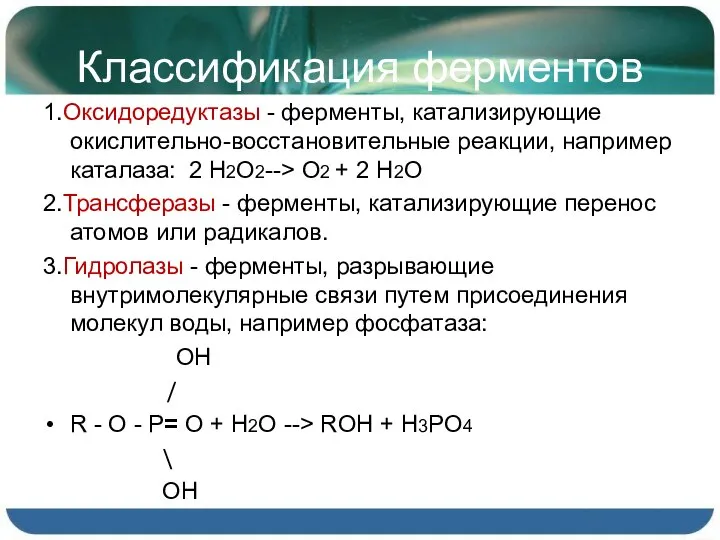 Классификация ферментов 1.Оксидоредуктазы - ферменты, катализирующие окислительно-восстановительные реакции, например каталаза: 2