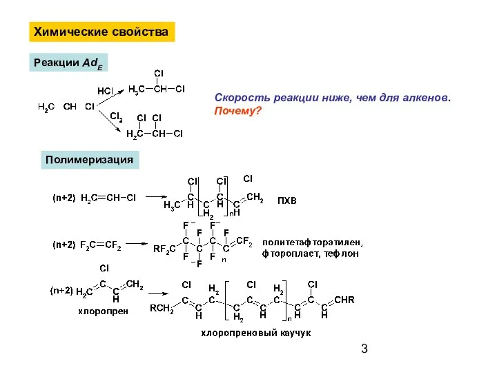 Химические свойства Реакции AdE Скорость реакции ниже, чем для алкенов. Почему? Полимеризация