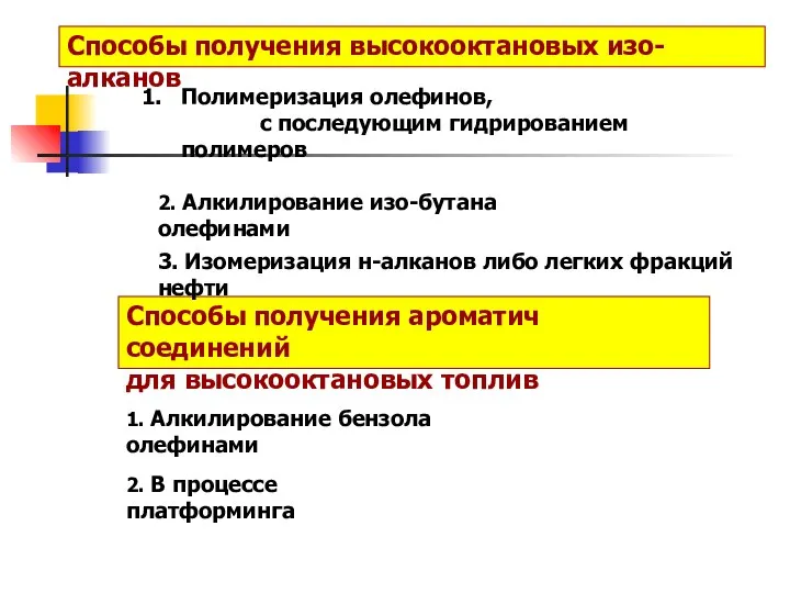 Способы получения ароматич соединений для высокооктановых топлив Полимеризация олефинов, с последующим