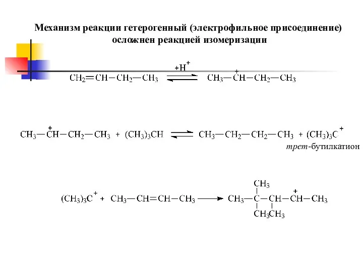 Механизм реакции гетерогенный (электрофильное присоединение) осложнен реакцией изомеризации трет-бутилкатион