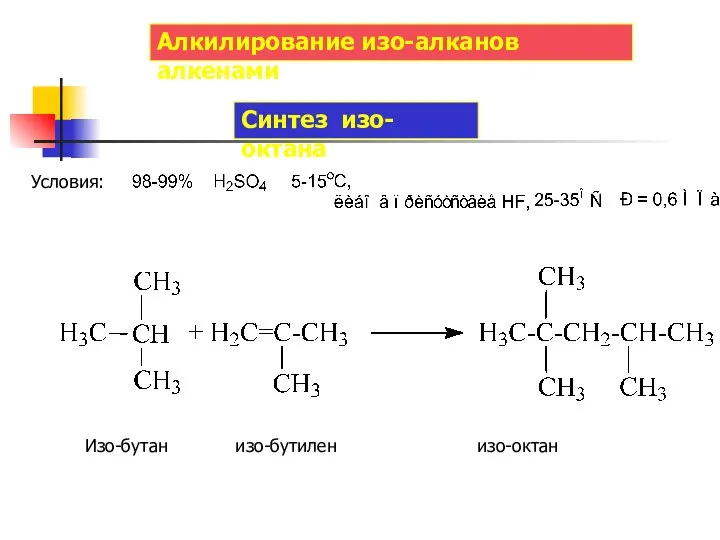 Алкилирование изо-алканов алкенами Синтез изо-октана Условия: Изо-бутан изо-бутилен изо-октан