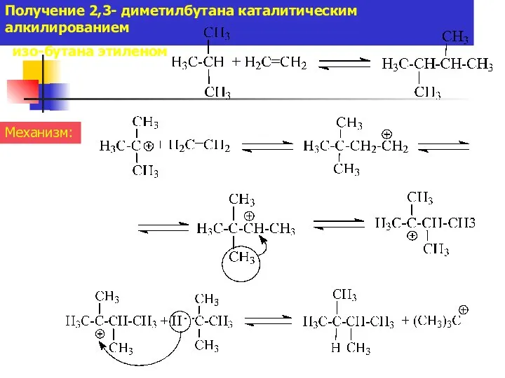 Получение 2,3- диметилбутана каталитическим алкилированием изо-бутана этиленом Механизм: