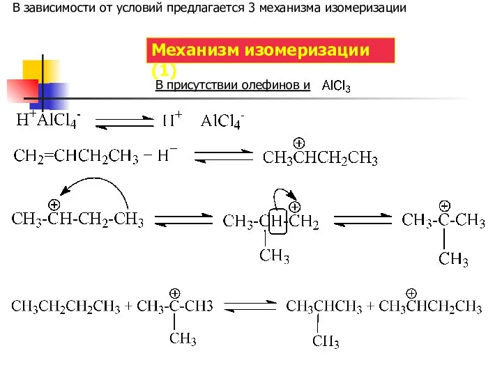Механизм изомеризации (1) В присутствии олефинов и В зависимости от условий предлагается 3 механизма изомеризации