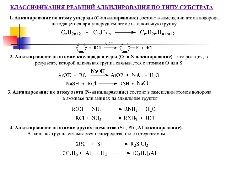 КЛАССИФИКАЦИЯ РЕАКЦИЙ АЛКИЛИРОВАНИЯ ПО ТИПУ СУБСТРАТА 1. Алкилирование по атому углерода