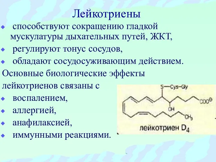 Лейкотриены способствуют сокращению гладкой мускулатуры дыхательных путей, ЖКТ, регулируют тонус сосудов,