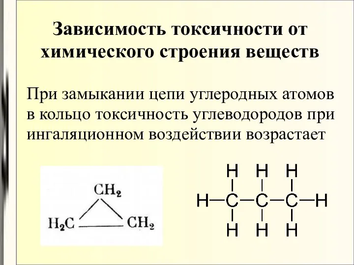 При замыкании цепи углеродных атомов в кольцо токсичность углеводородов при ингаляционном