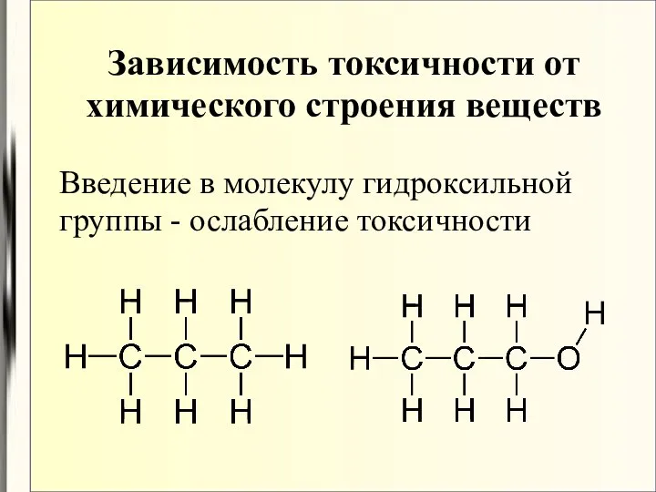 Введение в молекулу гидроксильной группы - ослабление токсичности Зависимость токсичности от химического строения веществ