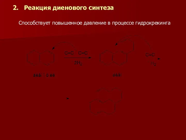 2. Реакция диенового синтеза Способствует повышенное давление в процессе гидрокрекинга