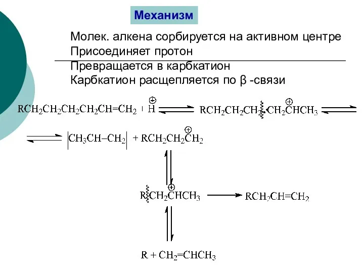 Механизм Молек. алкена сорбируется на активном центре Присоединяет протон Превращается в